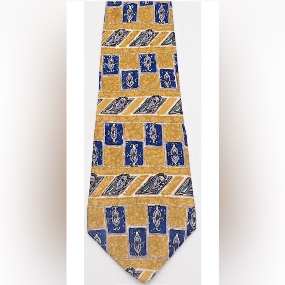 Albert Nipon Tie 100% Silk Made In The USA 57" L x 4" W Blue Gold Yellow